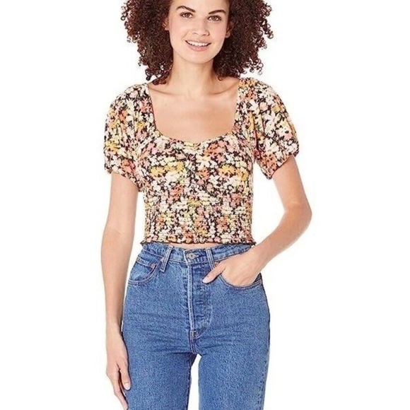 Billabong Floral Smocked “get along” puff sleeve Women's crop Top - Picture 10 of 11